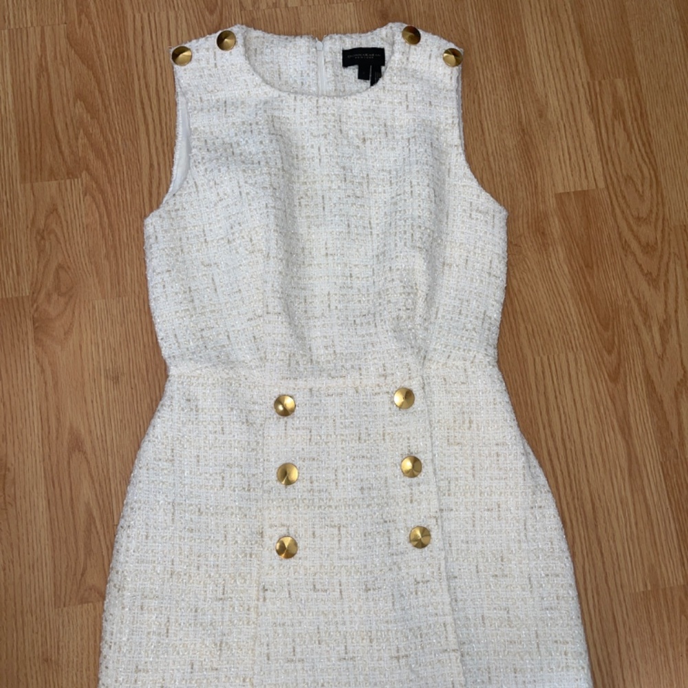 Donna Karan White and Gold Sleeveless Tweed Sheath Mini Dress Size 2 - Picture 7 of 13